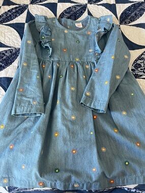 Hanna Andersson Denim Dress with Multicolor Floral Embroidery